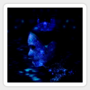 Portrait, digital collage and special processing. Woman in higher state of energy level. Blue and white. Sticker